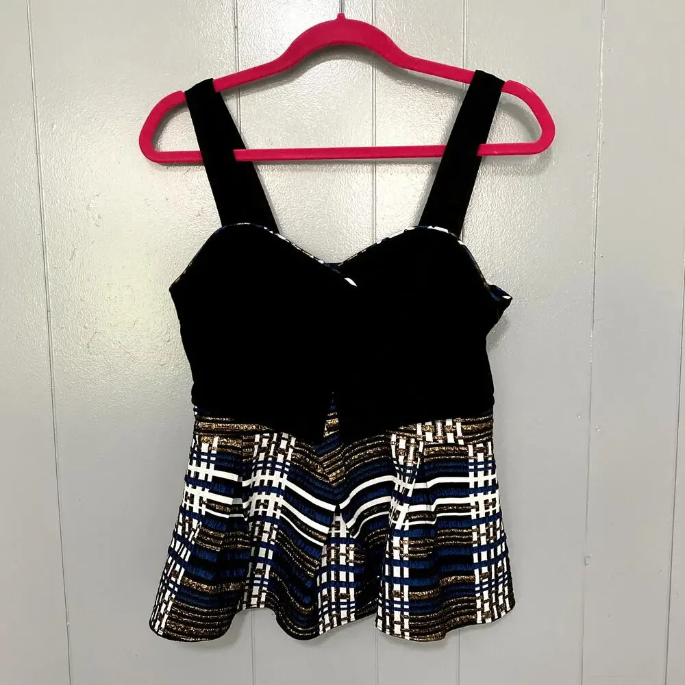 Anthropologie Deletta Nathalie Black Plaid Metallic Peplum Elegant Tank Top S - Picture 2 of 8